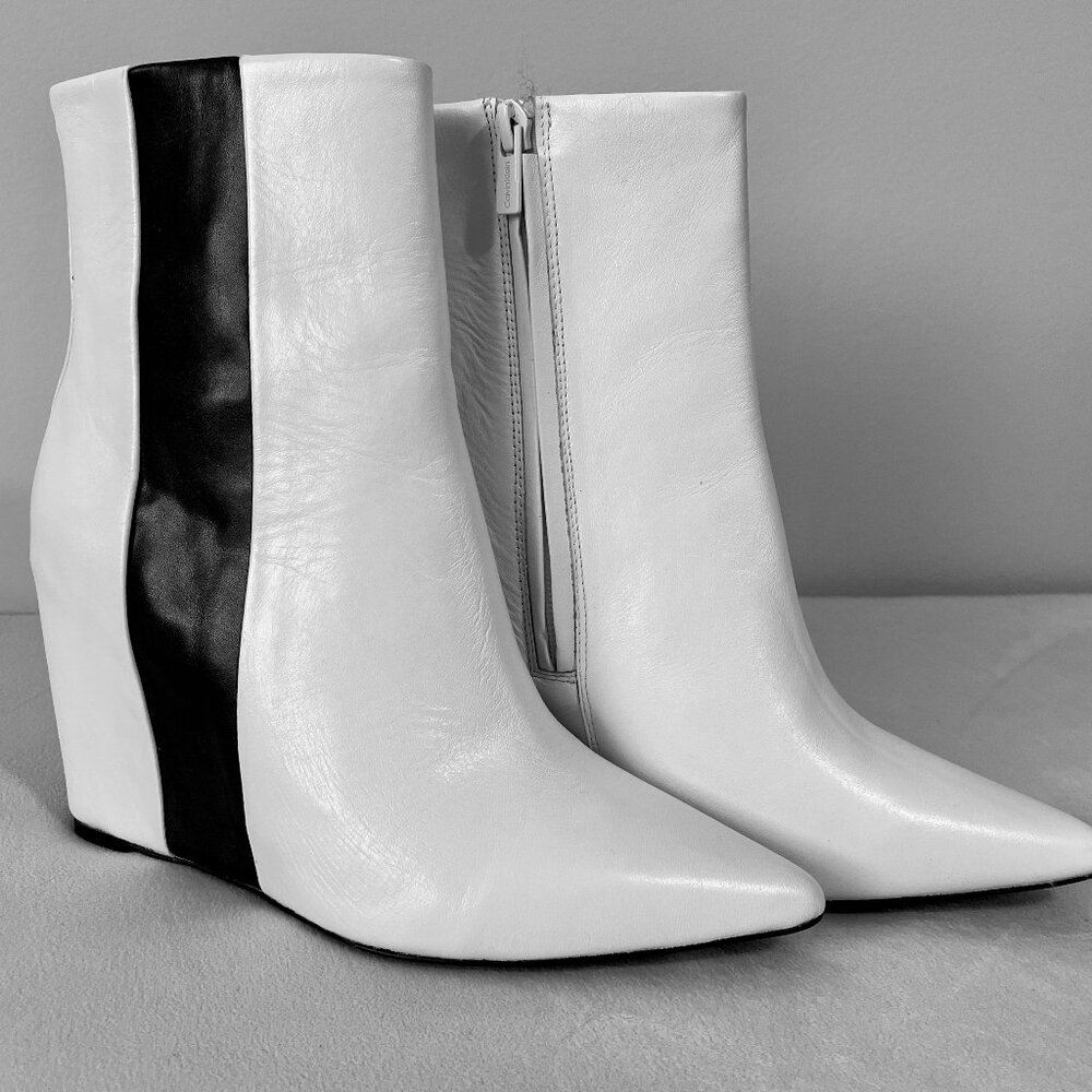 NWT - Calvin Klein White and Black Leather Ankle Boots
